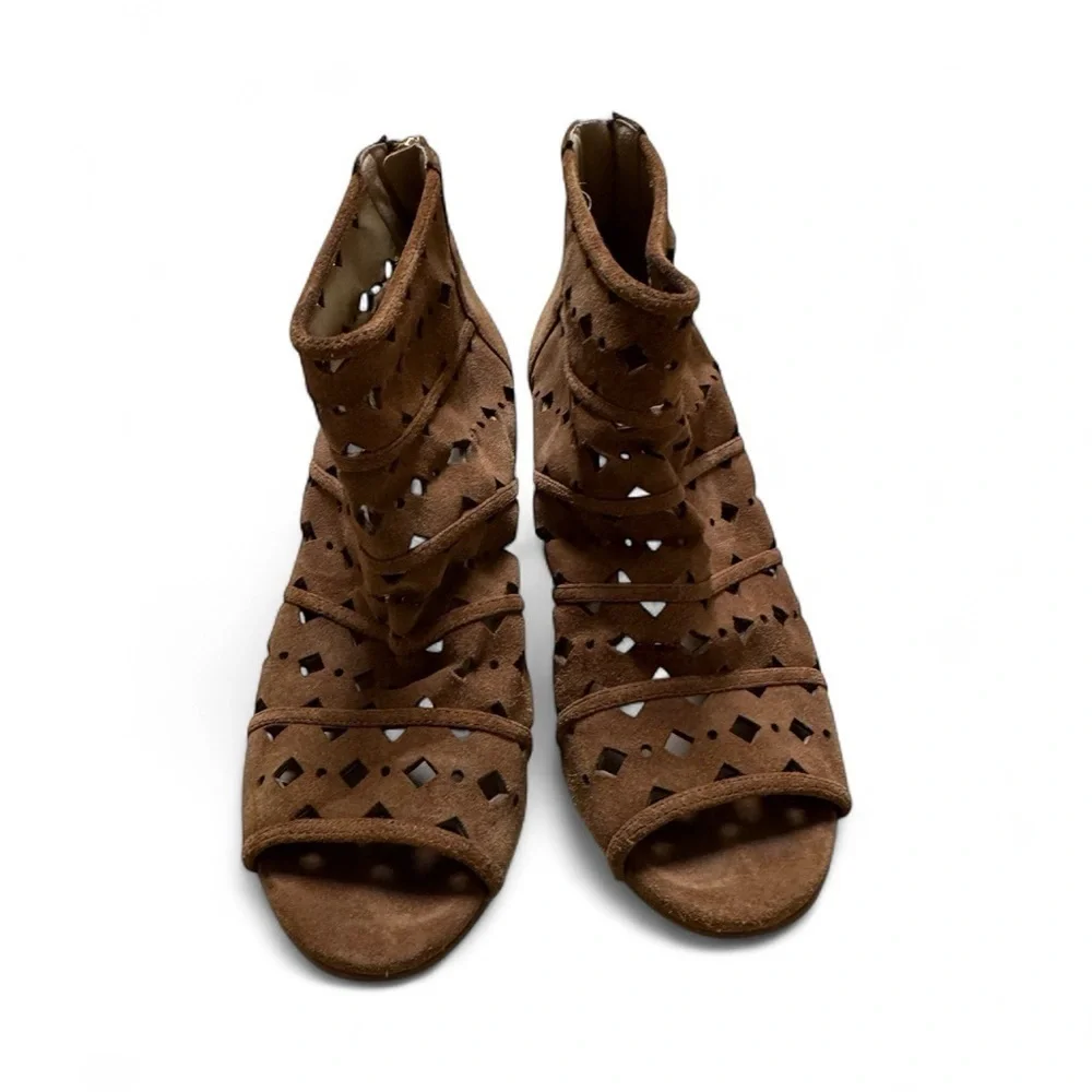 Michael Kors Tan Suede Cutout Wedge Booties Peep Toe 3” Heel Size